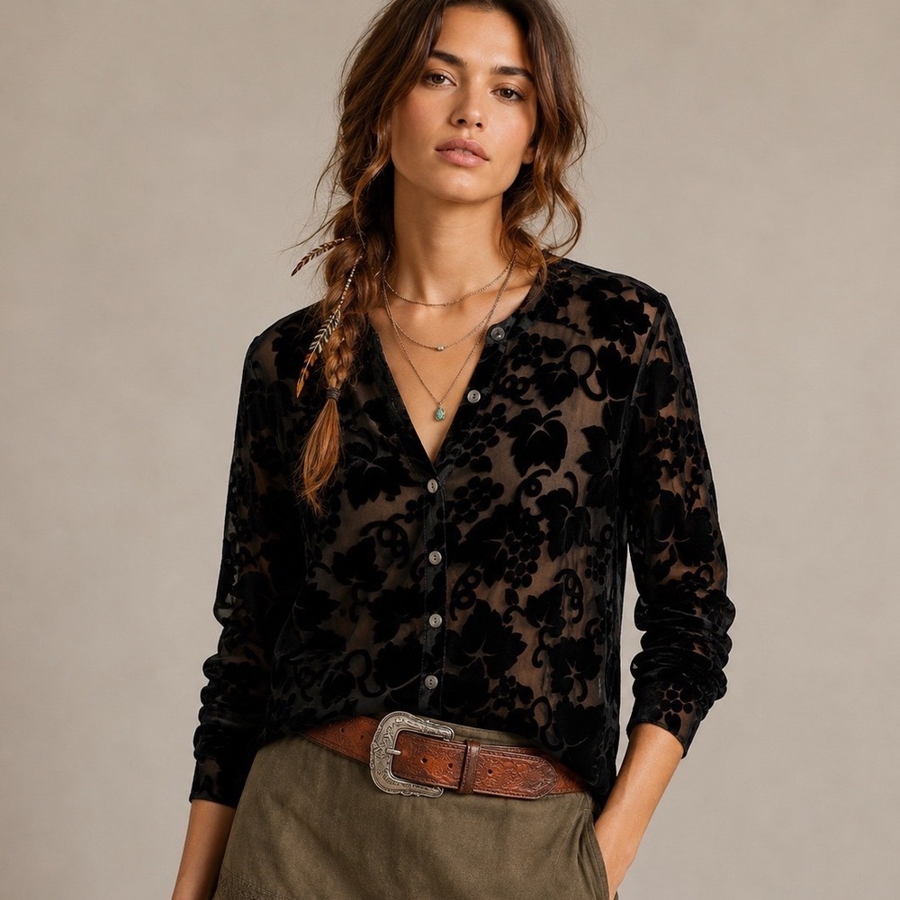 The Limited 90s Sheer Burnout Velvet Button Blouse M Black Grape Vine Dressy Y2K